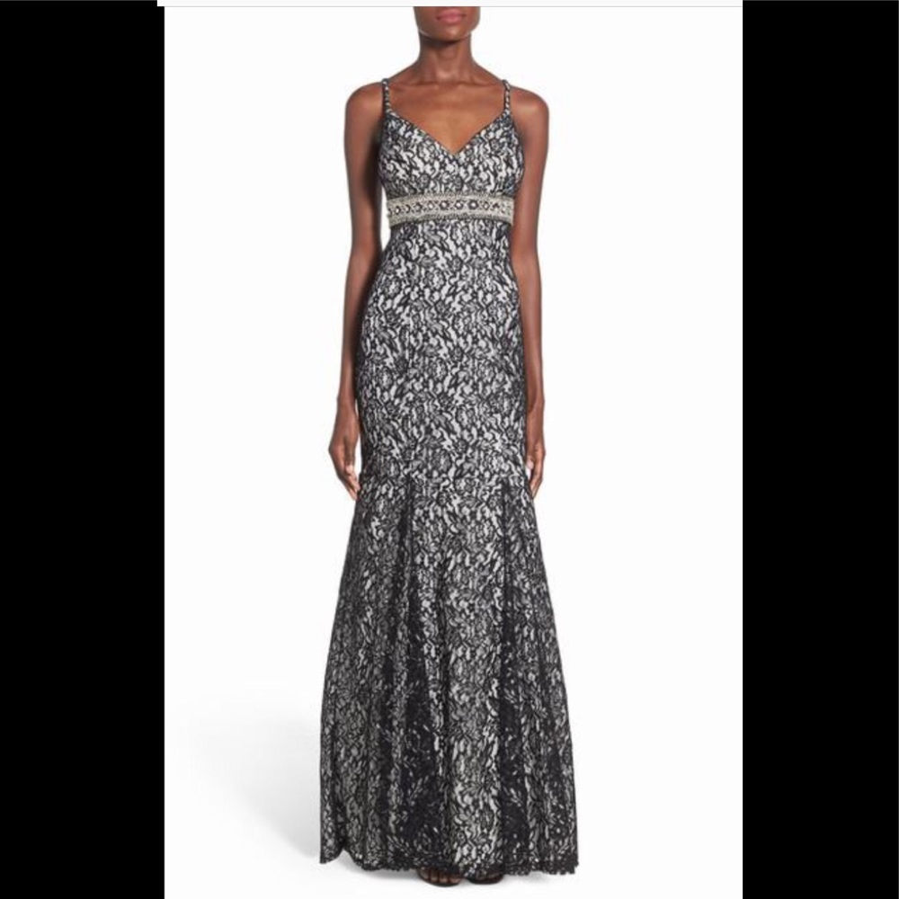 Sequin Hearts Mercedes Metallic Lace Mermaid Gown